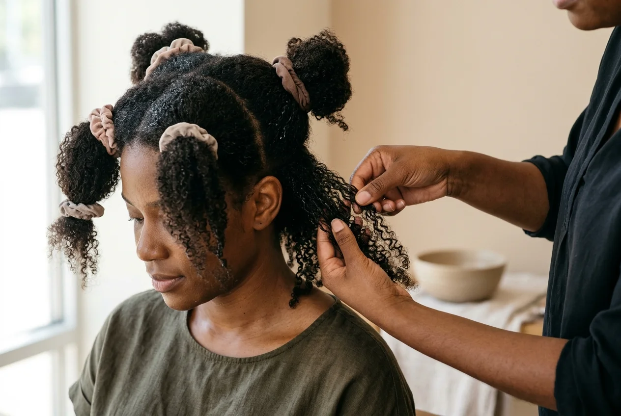 Femme noire démêlant délicatement ses cheveux crépus naturels section par section avec les doigts.